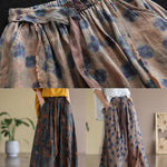 Bohemian Khaki Elastic Waist Print Linen Skirts Summer