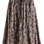 Bohemian Khaki Elastic Waist Print Linen Skirts Summer
