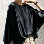 Bohemian Navy O-Neck Oversized Slid Silk Blouse Top Batwing Sleeve