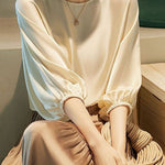 Bohemian Navy O-Neck Oversized Slid Silk Blouse Top Batwing Sleeve