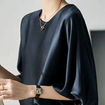 Bohemian Navy O-Neck Oversized Slid Silk Blouse Top Batwing Sleeve