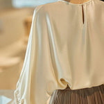 Bohemian Navy O-Neck Oversized Slid Silk Blouse Top Batwing Sleeve