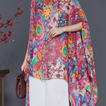 Bohemian Red Asymmetrical Print Chiffon Shirt Tops Summer