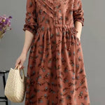 Bohemian Blue Pockets Print Loose Fall Maxi Dress Long sleeve