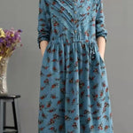 Bohemian Blue Pockets Print Loose Fall Maxi Dress Long sleeve