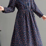 Bohemian Blue Pockets Print Loose Fall Maxi Dress Long sleeve