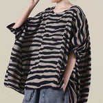 Boho Black Loose O-Neck Ruffled Fall Striped Shirt Top Half Sleeve
