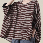 Boho Black Loose O-Neck Ruffled Fall Striped Shirt Top Half Sleeve