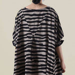 Boho Black Loose O-Neck Ruffled Fall Striped Shirt Top Half Sleeve