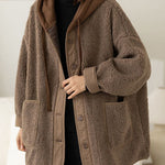 Boho Coffee Patchwork Button Thick Faux Fur Hooded Coats Winter