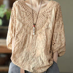 Boho Khaki Cotton V Neck Embroideried Hollow Out Summer Blouses