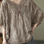 Boho Khaki Cotton V Neck Embroideried Hollow Out Summer Blouses
