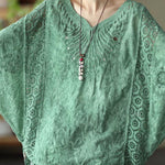 Boho Khaki Cotton V Neck Embroideried Hollow Out Summer Blouses