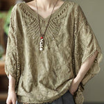 Boho Khaki Cotton V Neck Embroideried Hollow Out Summer Blouses
