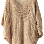 Boho Khaki Cotton V Neck Embroideried Hollow Out Summer Blouses