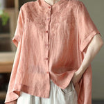 Boho Orange Summer Side Open Stand Collar Ramie Loose Short Sleeve