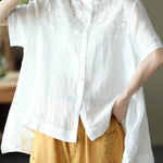 Boho Orange Summer Side Open Stand Collar Ramie Loose Short Sleeve