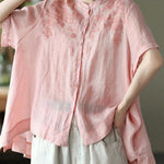 Boho Orange Summer Side Open Stand Collar Ramie Loose Short Sleeve