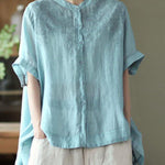 Boho Orange Summer Side Open Stand Collar Ramie Loose Short Sleeve