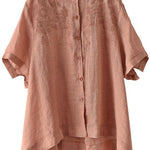 Boho Orange Summer Side Open Stand Collar Ramie Loose Short Sleeve