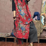 Boho Red Asymmetrical Print Patchwork Cotton Waistcoat Sleeveless
