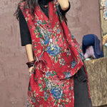 Boho Red Asymmetrical Print Patchwork Cotton Waistcoat Sleeveless