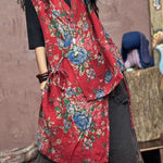 Boho Red Asymmetrical Print Patchwork Cotton Waistcoat Sleeveless
