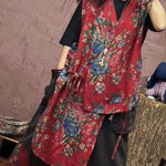 Boho Red Asymmetrical Print Patchwork Cotton Waistcoat Sleeveless