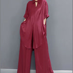 Boho Red Peter Pan Collar shirt wide leg pants Satin Two Pieces Set Spring