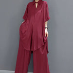 Boho Red Peter Pan Collar shirt wide leg pants Satin Two Pieces Set Spring