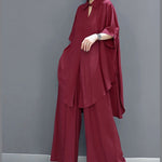 Boho Red Peter Pan Collar shirt wide leg pants Satin Two Pieces Set Spring