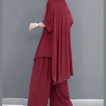 Boho Red Peter Pan Collar shirt wide leg pants Satin Two Pieces Set Spring