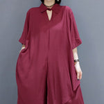 Boho Red Peter Pan Collar shirt wide leg pants Satin Two Pieces Set Spring