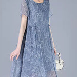 Boho Pink Embroidery Chiffon Dress Patchwork Half Sleeve Two Piece Set Women Clothing