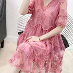 Boho Pink Embroidery Chiffon Dress Patchwork Half Sleeve Two Piece Set Women Clothing