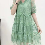 Boho Pink Embroidery Chiffon Dress Patchwork Half Sleeve Two Piece Set Women Clothing