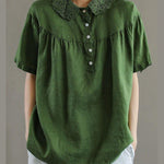Boutique Green Peter Pan Collar Button Linen Summer Shirt Tops