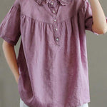 Boutique Green Peter Pan Collar Button Linen Summer Shirt Tops