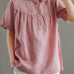 Boutique Green Peter Pan Collar Button Linen Summer Shirt Tops
