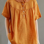 Boutique Green Peter Pan Collar Button Linen Summer Shirt Tops