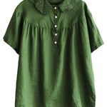 Boutique Green Peter Pan Collar Button Linen Summer Shirt Tops