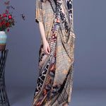 Boutique Khaki Print Overlapping Asymmetrical Design Chiffon Summer Maxi Dress