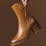 Brown Cowhide Leather Shelsea Boots Chunky Splicing Zippered