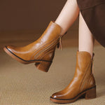 Brown Cowhide Leather Shelsea Boots Chunky Splicing Zippered