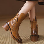 Brown Cowhide Leather Shelsea Boots Chunky Splicing Zippered