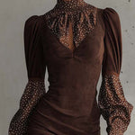 Brown Faux Suede Bodycon Dress With Satin Polka Dots