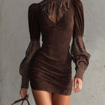 Brown Faux Suede Bodycon Dress With Satin Polka Dots