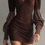 Brown Faux Suede Bodycon Dress With Satin Polka Dots