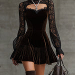 Velvet-trimmed lace-sleeved cutout fitted mini dress