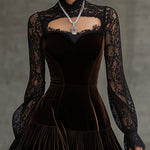 Velvet-trimmed lace-sleeved cutout fitted mini dress